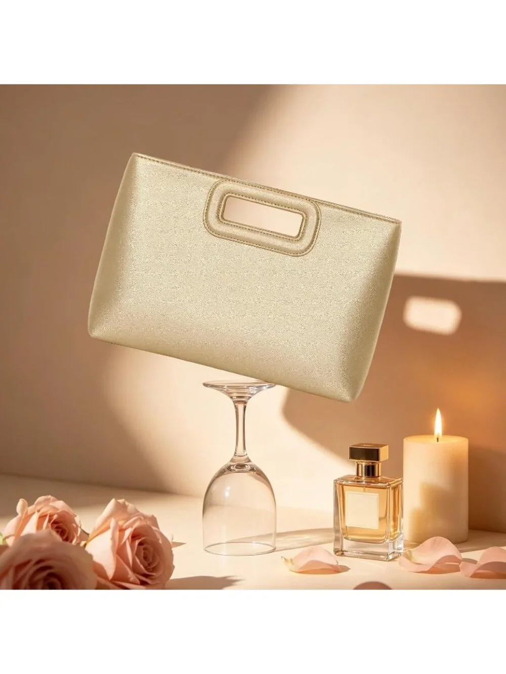 Women Lightgold Clutch Handbag Modern Faux Leather with Metal Handle Evening Bag